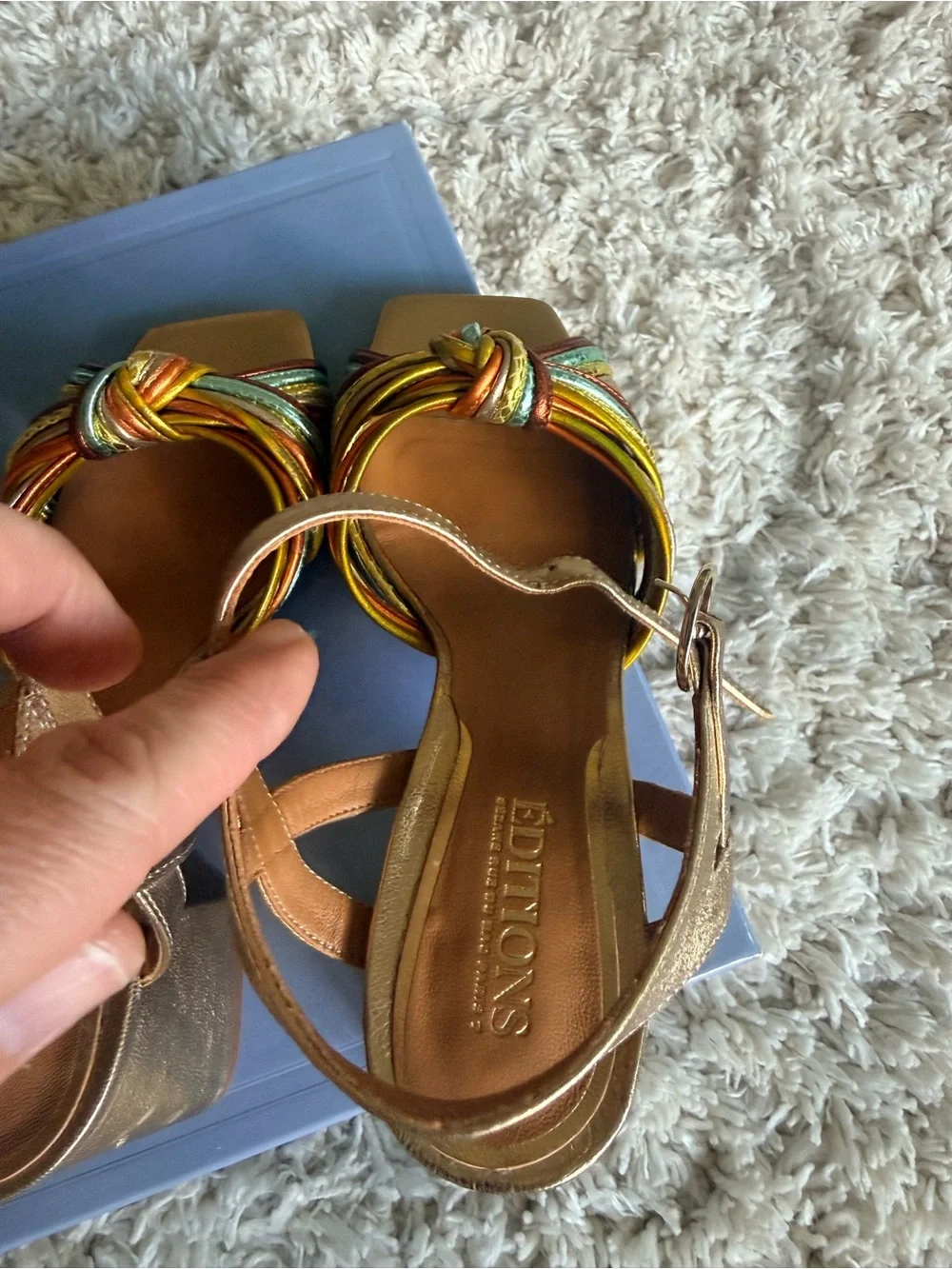 Sézane Metallic Gold Multi-Color Strappy Knot Block Heel Sandals